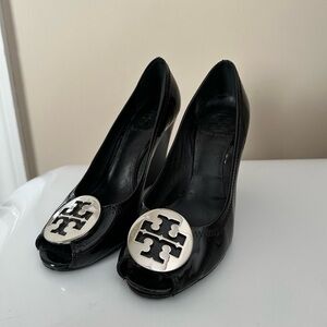 Tory Burch Julianne Patent Leather Peep Toe Wedge Heels